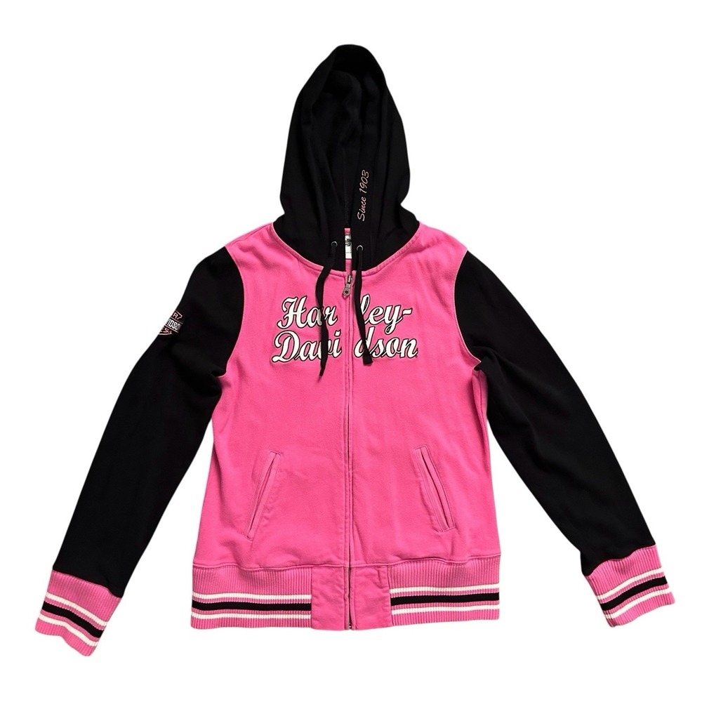 Harley Davidson Pink Full Zip Double Sided‎ Y2K Two Toned Sweatshirt Hoodie Sz L